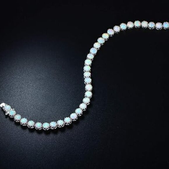 Neiman Marcus 18K White Gold Plated Crown Created Opal Tennis Bracelet - Picture 6 of 6